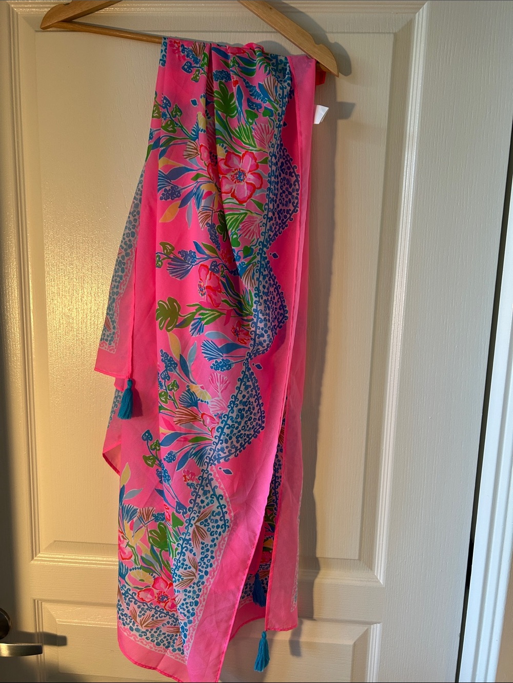 Lilly Pulitzer Bright Pink Floral Draped Cover Up with Blue Tassels
